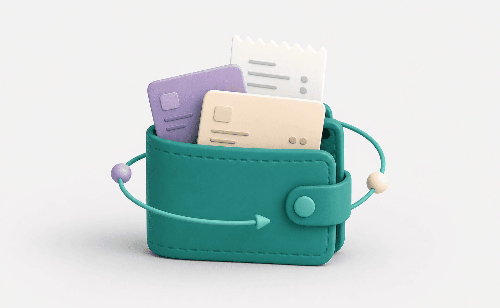 A teal wallet holding account cards and a receipt
